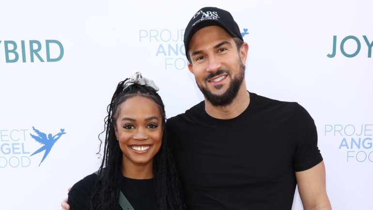 Rachel Lindsay and Bryan Abasolo attend Thanksgiving at Project Angel Food on November 23, 2023 in Los Angeles, California.