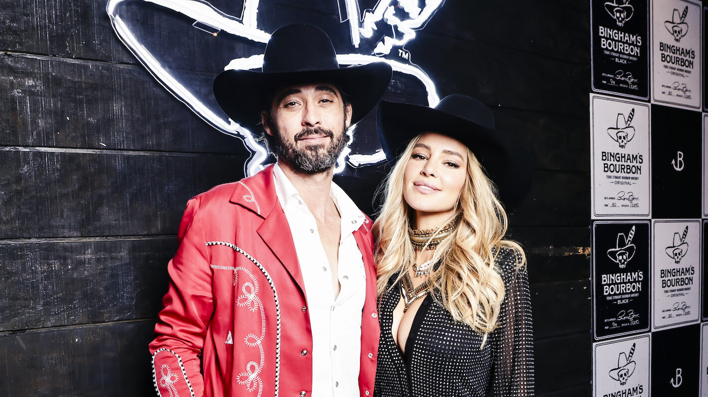 Ryan Bingham and Hassie Harrison attend Bingham's Bourbon NFR After Party at Inspire at the Wynn on December 07, 2023 in Las Vegas, Nevada.